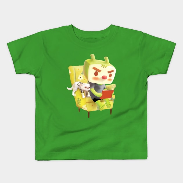 Boy with laptop sitting on the armchair Kids T-Shirt by zkozkohi